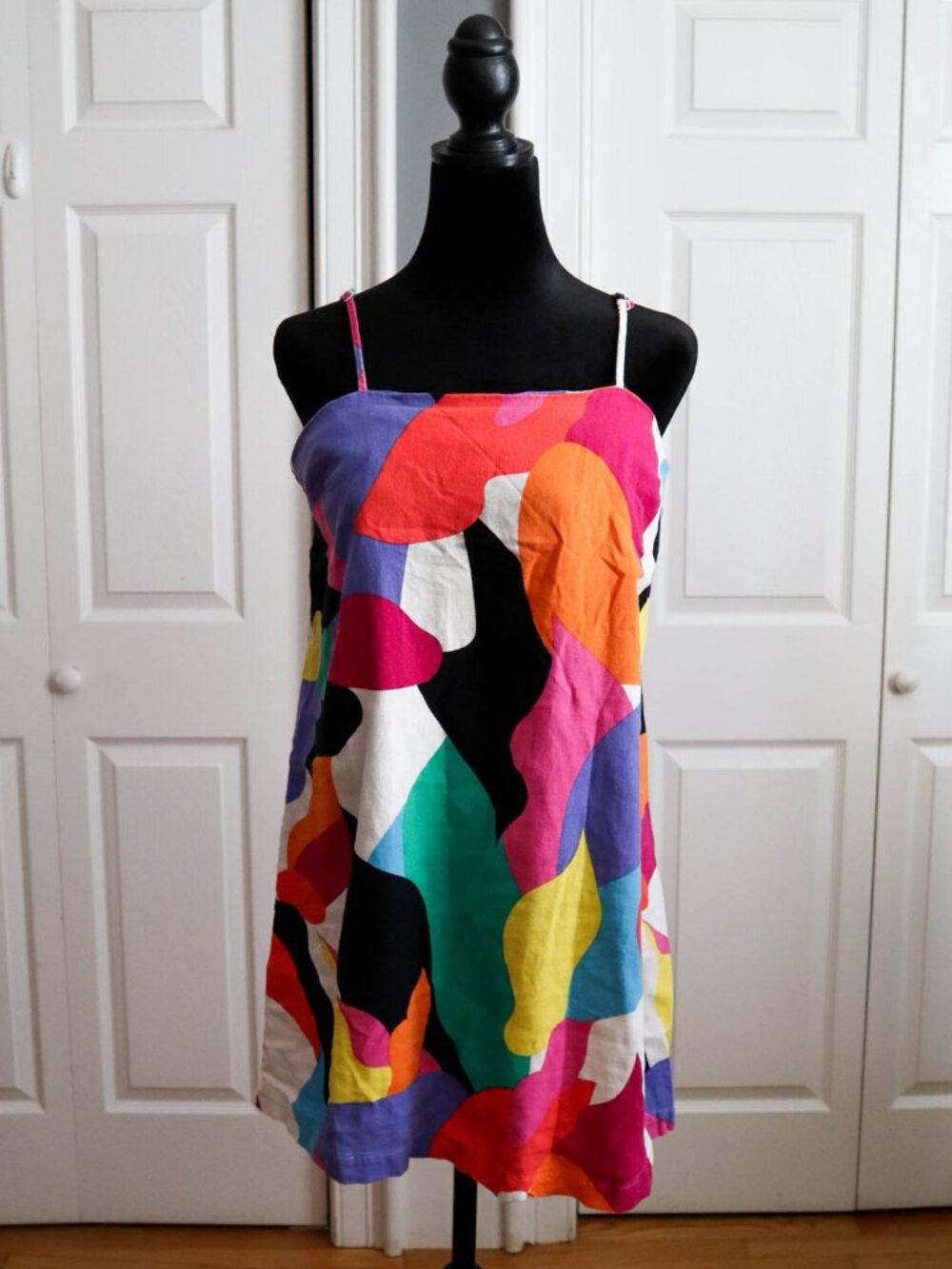 A New Day Linen Blend Sleeveless Mini Dress Colorful Mod Graphic Print Sz S Boho